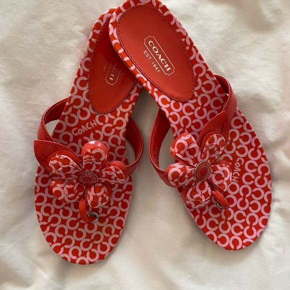 Coach Pattey Logo Flat Sandal with Flower Detailing size6.5 red/pink - Picture 1 of 10
